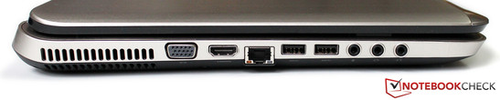 Left side: Ventilation opening, VGA, HDMI, LAN, 2x USB 3.0, microphone and 2x headphone jacks