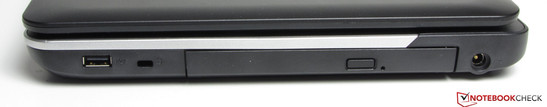 Right side: AC jack, DVD drive, Kensington Lock, USB 2.0