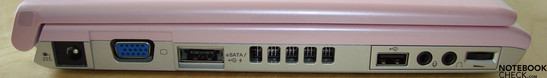 left side: power socket, VGA-out, eSATA/USB, fan, USB, audio (headphone, Micro), Dial