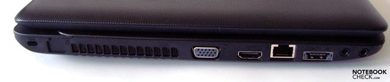 Left: Kensington, fan, analog VGA-out, HDMI, LAN, eSATA/USB, 2 audio sockets