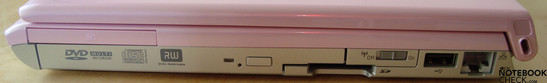 right side: optical drive, Express Card Slot 54, cardreader, WLAN switch, USB, LAN, Kensington Lock