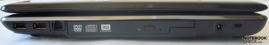 2x USB 2.0, modem, DVD drive, power socket, Kensington security slot