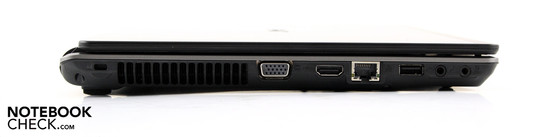 Left: Kensington lock, VGA, HDMI, RJ45 LAN, USB, two audio sockets incl. SPDIF