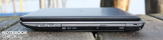 Right: 2 USB 2.0 ports, DVD burner, Kensington