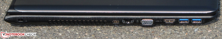 Left: cable lock slot, Type-C-USB (USB 3.1 gen 1), Gigabit-Ethernet, VGA, HDMI, 2x USB 3.0