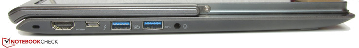 left side: lock slot, HDMI, Thunderbolt 3, 2x USB 3.0, audio-combo port