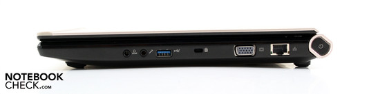 Right: Headphone / SPDIF, microphone, USB 3.0, Kensington, VGA, Ethernet, power on