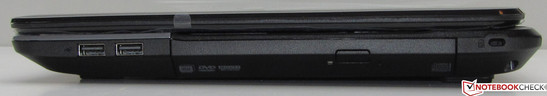 Right: Kensington lock slot, DVD burner, 2x USB 2.0