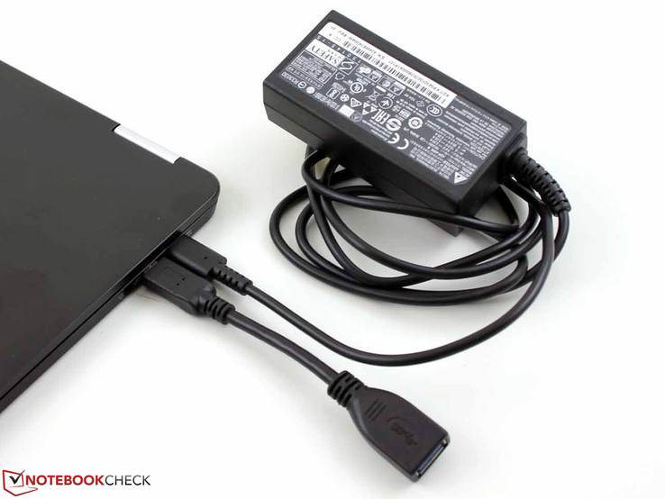 Power adapter and Type-C to Type-A adaptor; both ports can be used for charging