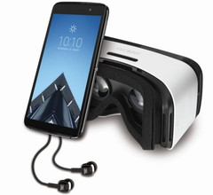 Alcatel Idol 4S Android smartphone with JBL headphones and VR headset