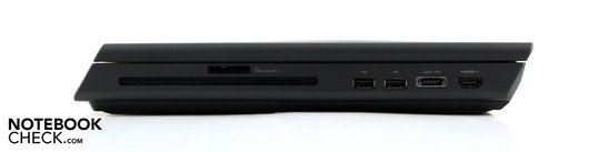 Right: 8-in-1 Card Reader, DVD Burner (Slot-In), 2x USB 2.0, eSATA/USB 2.0, HDMI-In