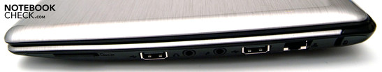 Right: 2 x USB 2.0, 2-in-1-card reader, audio ports, RJ-45, Kensington lock slot