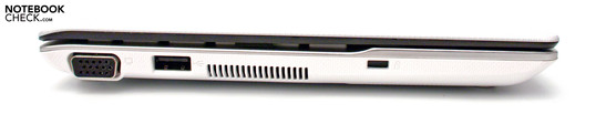 Left: VGA, USB 2.0, Kensington Lock