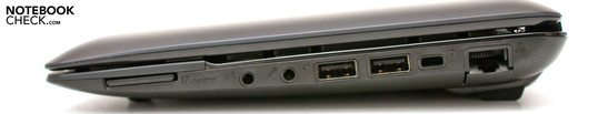 Right: 3-in-1 cardreader, audio, 2 USB 2.0 ports, Kensington Lock, RJ-45