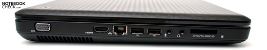 Left: VGA, HDMI, RJ-45, two USB 2.0 ports, audio, cardreader, status LEDs