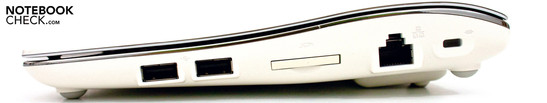 Right: 2 x USB 2.0, card reader, RJ-45, Kensington lock slot