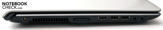Left: 2 USB, HDMI, cardreader, DC-in, audio sockets