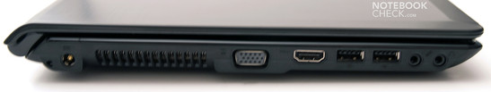 Left: 2 USB, VGA, HDMI, audio sockets, DC-in
