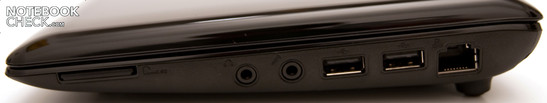 Right: 2 USB, audio sockets (headphone-out, microphone-in) RJ-45 network port, 2-in-1 cardreader: SD (SDHC), MMC