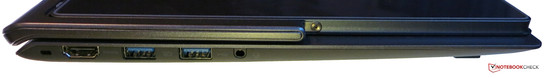 Left side: Kensington Lock, HDMI, 2x USB 3.0, combined 3.5 mm stereo jack