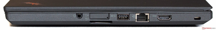 Right: Audio in/out, SIM-slot (above), SD-card, USB 3.0, Ethernet, HDMI, Kensington