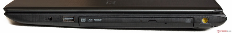 Right side: audio in/out, USB 2.0, DVD drive, power