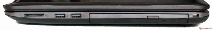 Left: SD card, 2 x USB 2.0, DVD, Kensington