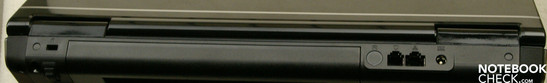 Back Side: Kensington lock, battery, modem, LAN, power supply