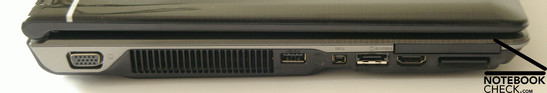 Left side: VGA, Fan, USB 2.0, Firewire, E-SATA, HDMI, Express Card Slot 54, Cardreader