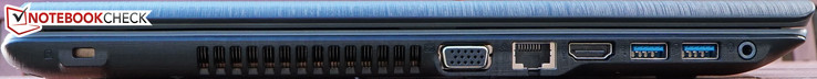 Left: Kensington Lock slot, vent, VGA-out, GBit-LAN, HDMI-out, 2x USB 3.0,  combo mic-/line-out