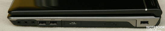Right Side: Audio (microphone, earphones, S/PDIF), 2xUSB 2.0, Blu-Ray drive, USB 2.0