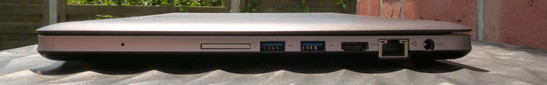 Left: Microphone, SD card, 2x USB 3.0, HDMI, RJ45, power socket
