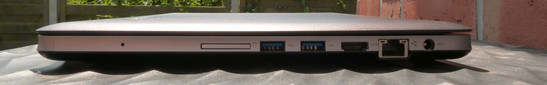 Left: Microphone, SD card, 2x USB 3.0, HDMI, RJ45, power socket