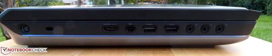 Left side: power, Kensington, HDMI In/Out, Mini-DisplayPort, USB 3.0, 3x audio