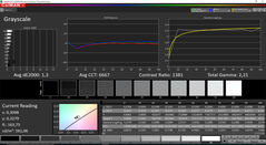 Grayscale (sRGB): hardly any deviations, almost perfect color temperature, small jump in the gamma curve – very good.