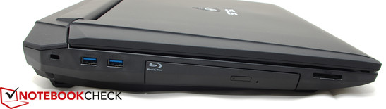 Left: Kensington, 2x USB 3.0, Blu-ray, SD card