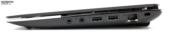 Right: Audios, 2 USB 2.0s, RJ45, Kensington lock