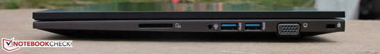 Card reader (SD/MMC), audio combo, 2x USB 3.0, VGA D-Sub, Kensington