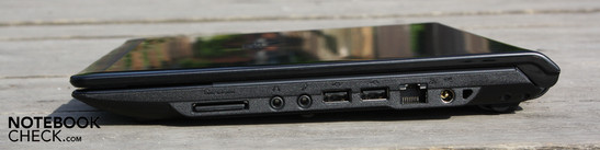 Right: Card reader, line-out, microphone, 2 USB 2.0, Ethernet, AC, Kensington