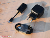 Tablet's power supply, USB cord, DisplayPort-to-VGA adapter