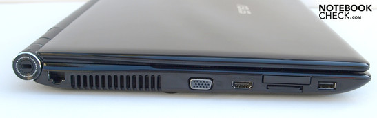 Left: Kensington Lock, LAN, fan, VGA, HDMI, ExpressCard/34, 8-in-1 card reader, USB 2.0