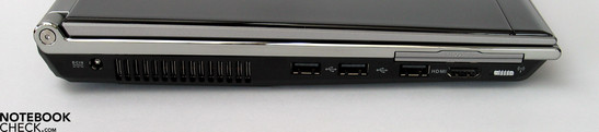Left side: power connector, fan, 3x USB, HDMI, ExpressCard