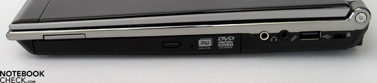 Right side: DVD drive, card reader, audio ports (S/PDIF), USB, Kensington lock