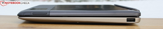 Left side: USB 2.0, power (dock), unlock, microSDHC-port, combined audio (tablet)