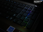 Surrounded by a lattice of shiny plastic, the keystrokes in several places give away the spongy keybed below.