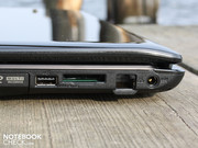 That's why all the ports are clumped together at either side of the laptop: card reader (e.g. for digital cameras), Ethernet, VGA (D-Sub), HDMI (external monitors), USB, mic & audio output.
