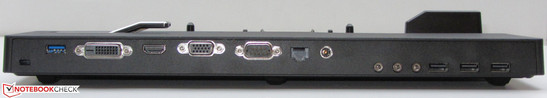 Rear: Kensington lock slot, USB 3.0, DVI, HDMI, VGA, serial interface, network, power socket, 3x audio, 3x USB 2.0