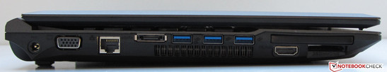 Left: Power socket, VGA out, eSATA, 3x USB 3.0, HDMI, ExpressCard port, memory card reader (SD (SDHC, SDXC, miniSD), MMC, RSMMC, Memory Stick, Memory Stick Pro, Memory Stick Pro Duo)