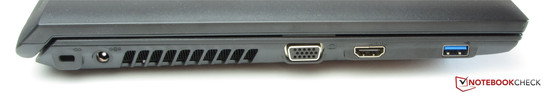 Left: Kensington Lock, Power outlet, VGA, HDMI, USB 3.0