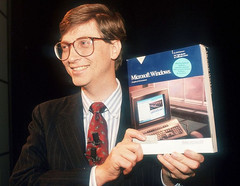 Bill Gates and Microsoft Windows 1.0 retail box back in 1985